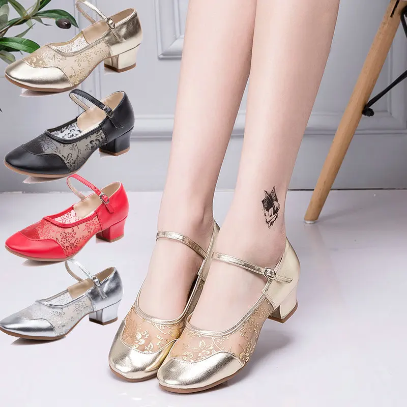 For Women Ballroom Shoes Dance-Shoes Ladies Girls Tango Square Dancing Shoes Salsa Sandral Closed Toe Outdoor Soft Silver Shoes