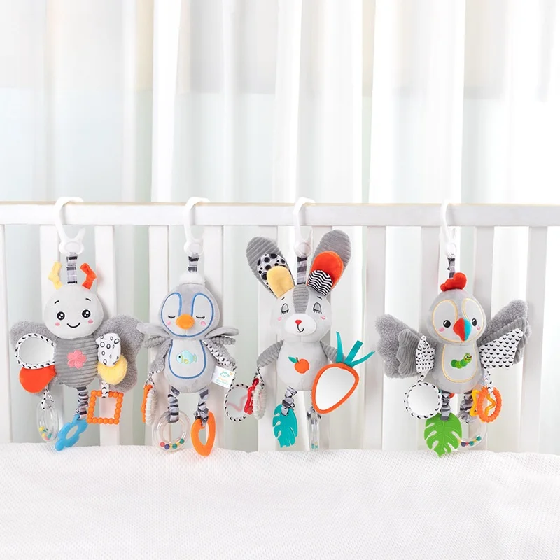 Baby Hanging Rattle Toys Plush Soft Animal Stuffed Handbells Educational Infant Development Handle Toys for Stroller Crib