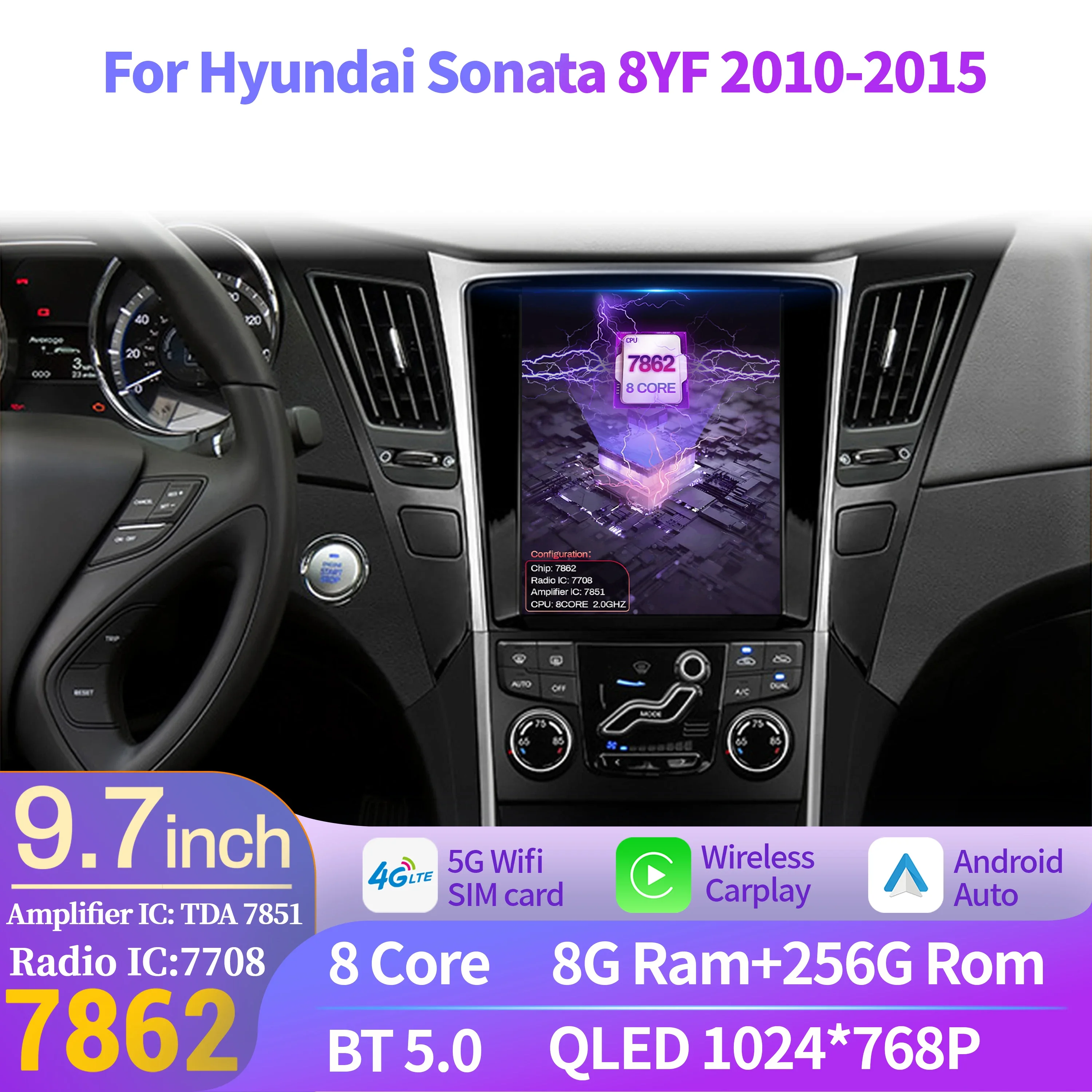 

9.7"Android 14 For Hyundai Sonata 8YF 2010-2015 Car Radio Multimedia Navigation Intelligent system Carplay Head Unit QLED Screen