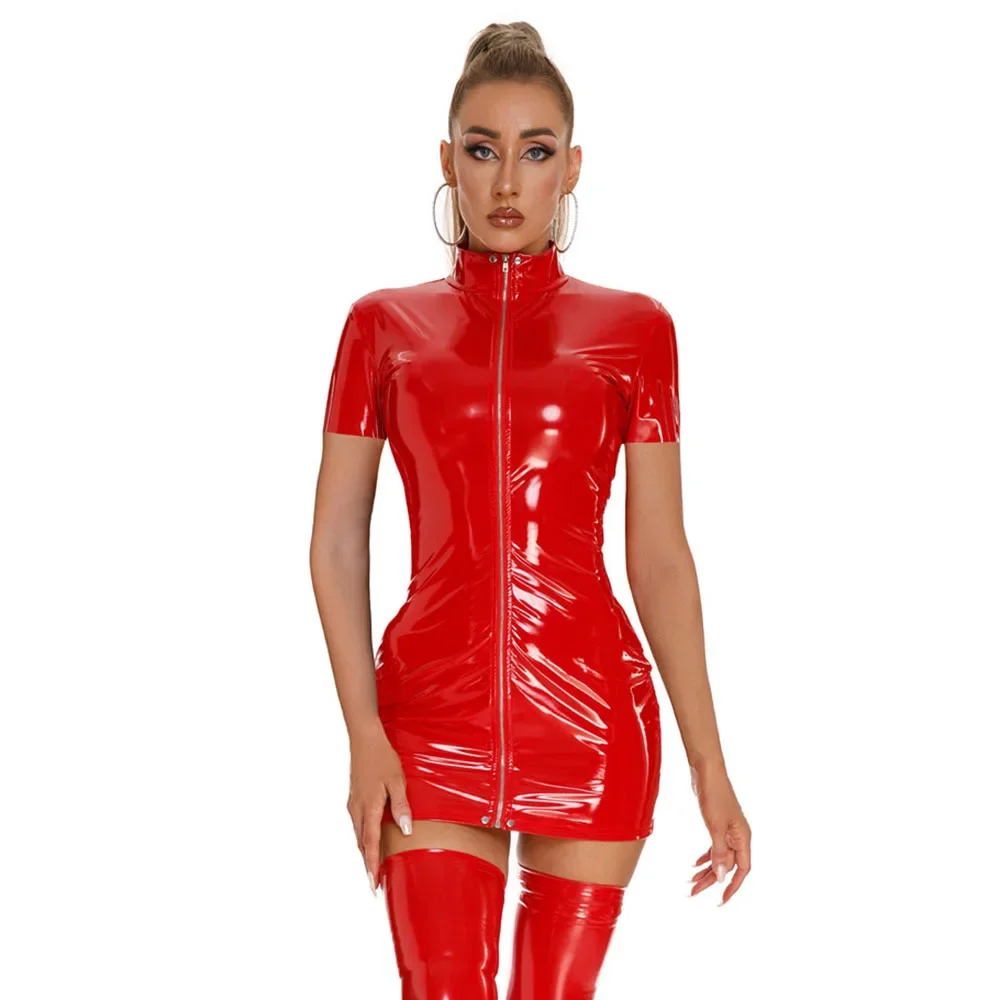 

New Women's Genuine Leather Dress Zipper Open Crotch Latex Tight Hip Skirt Sexy Black Short Sleeves Revealing Breast Latex Dress