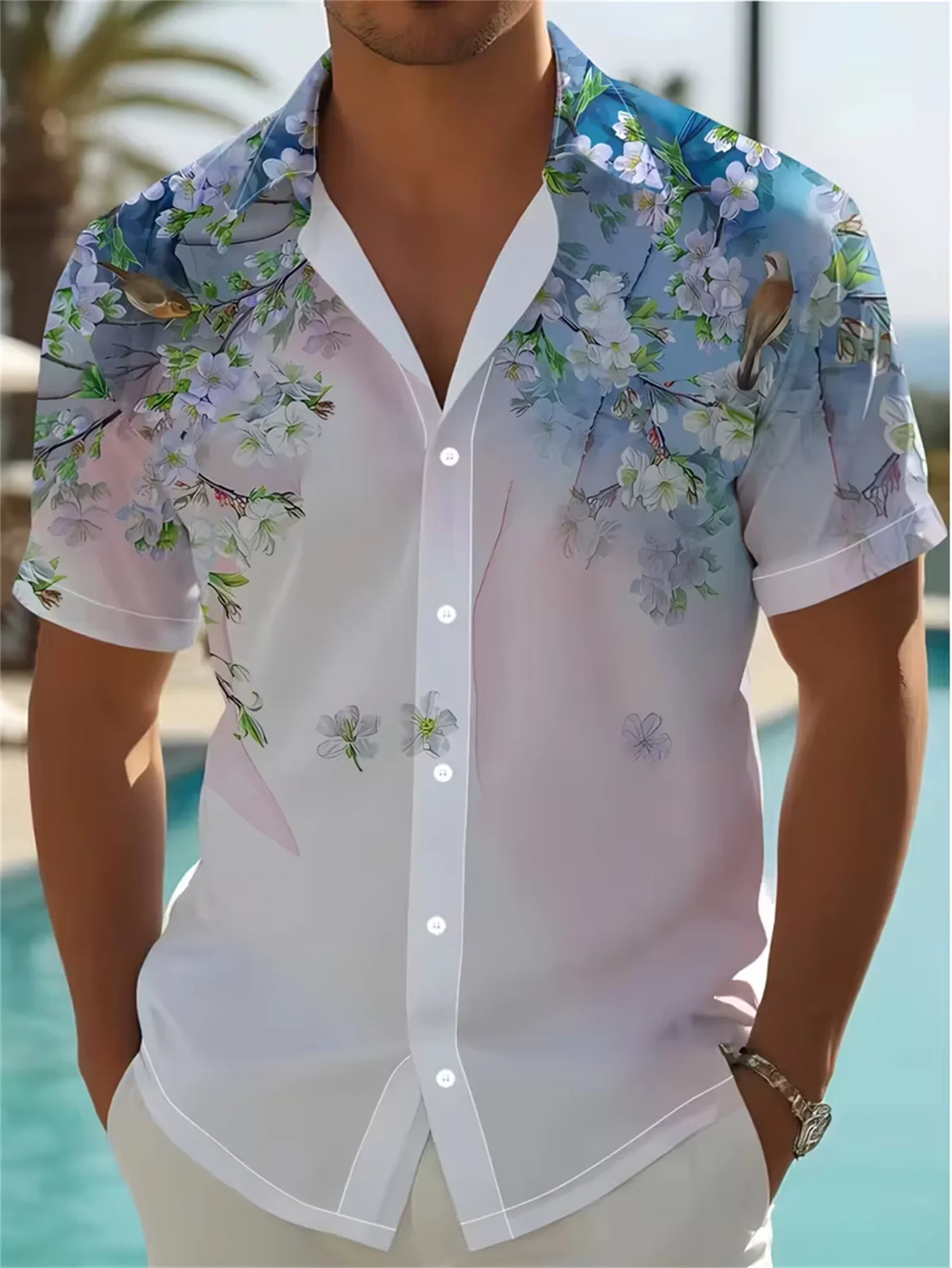 Trendy Men Button‑Up Shirt Pastel Gradient Cherry Blossom Bird Oriental Watercolor Art Print Polyester Beach