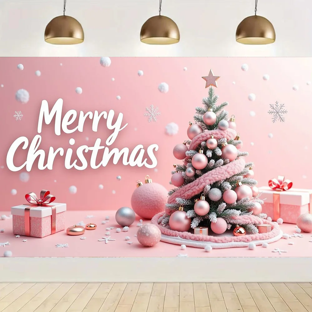 Großes Polyester-Banner mit rosa Thema „Frohe Weihnachten“, Outdoor- und Hausgartendekoration für Feiertage, Weihnachtsfeier-Hintergründe