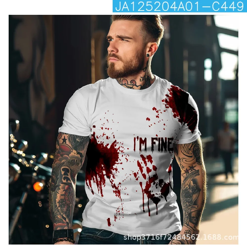 2024 جديد أنا غرامة بقع الدم هالوين الشارع موضة ثلاثية الأبعاد الرجال الجولة الرقبة تي شيرتات قصيرة الاكمام الصيف عادية جودة عالية