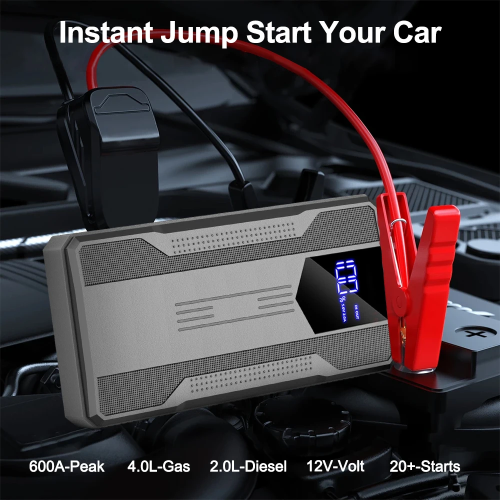 Car Jump Starter Emergency Clip Battery Start Up Starting Power Bank Booster Repair Tools Automobile 6400mAh 12V 600A For SUV RV Truck Motorcycle Universal Auto Accessories