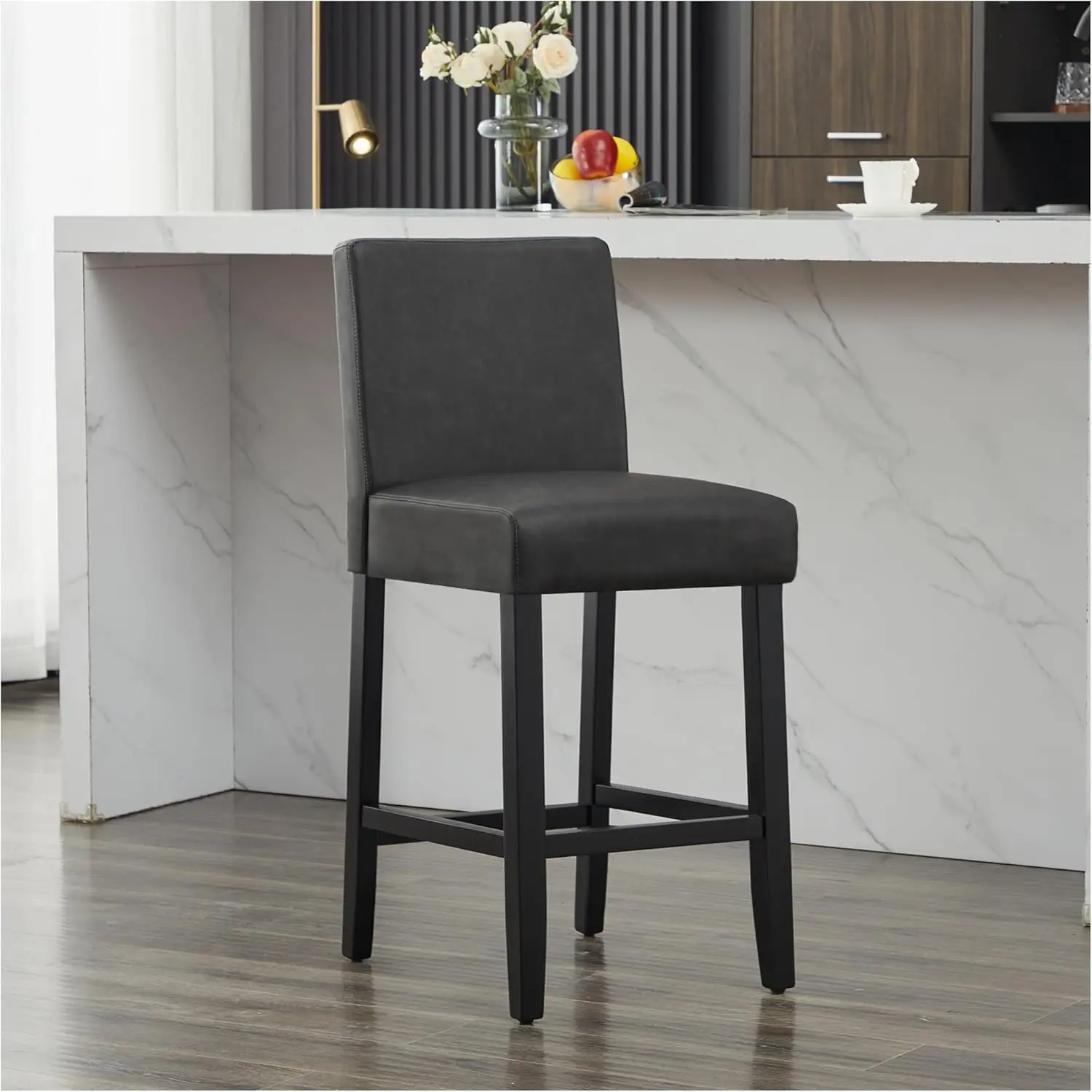 

26'' Faux Leather Bar Stools, Modern Upholstered Bar Height Bar Chairs, Soild Wood Legs Barstools With Back, Black