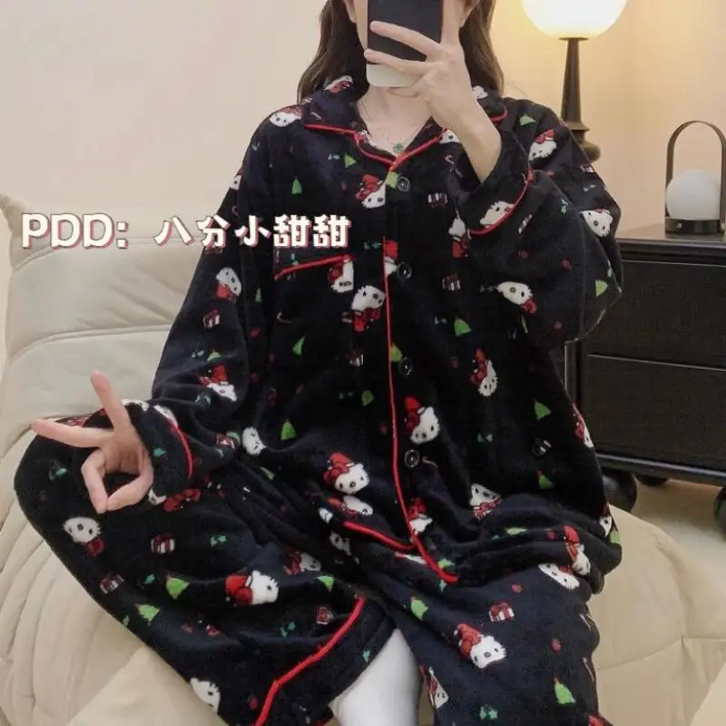 Hot Sanrio Girl Coral Fleece Cardigan Keep Warm Leisure Time Pajama Set Winter Kawaii Hello Kitty Thickening Go Out Leisure Wear