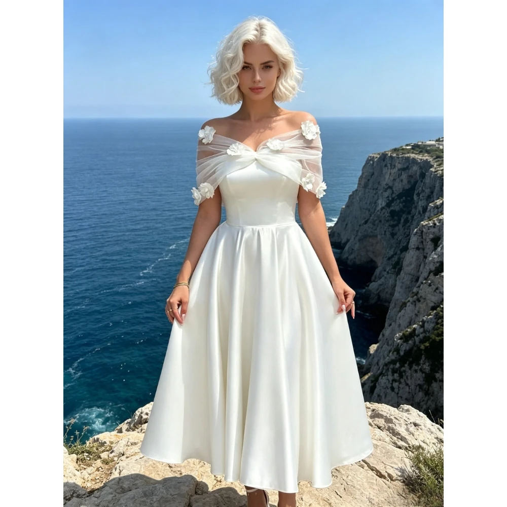 Customized Off Shoulder Satin Solid Color Summer Wedding Dresses Elegant Chest Chiffon with Flower Bridal Gown of High Quality