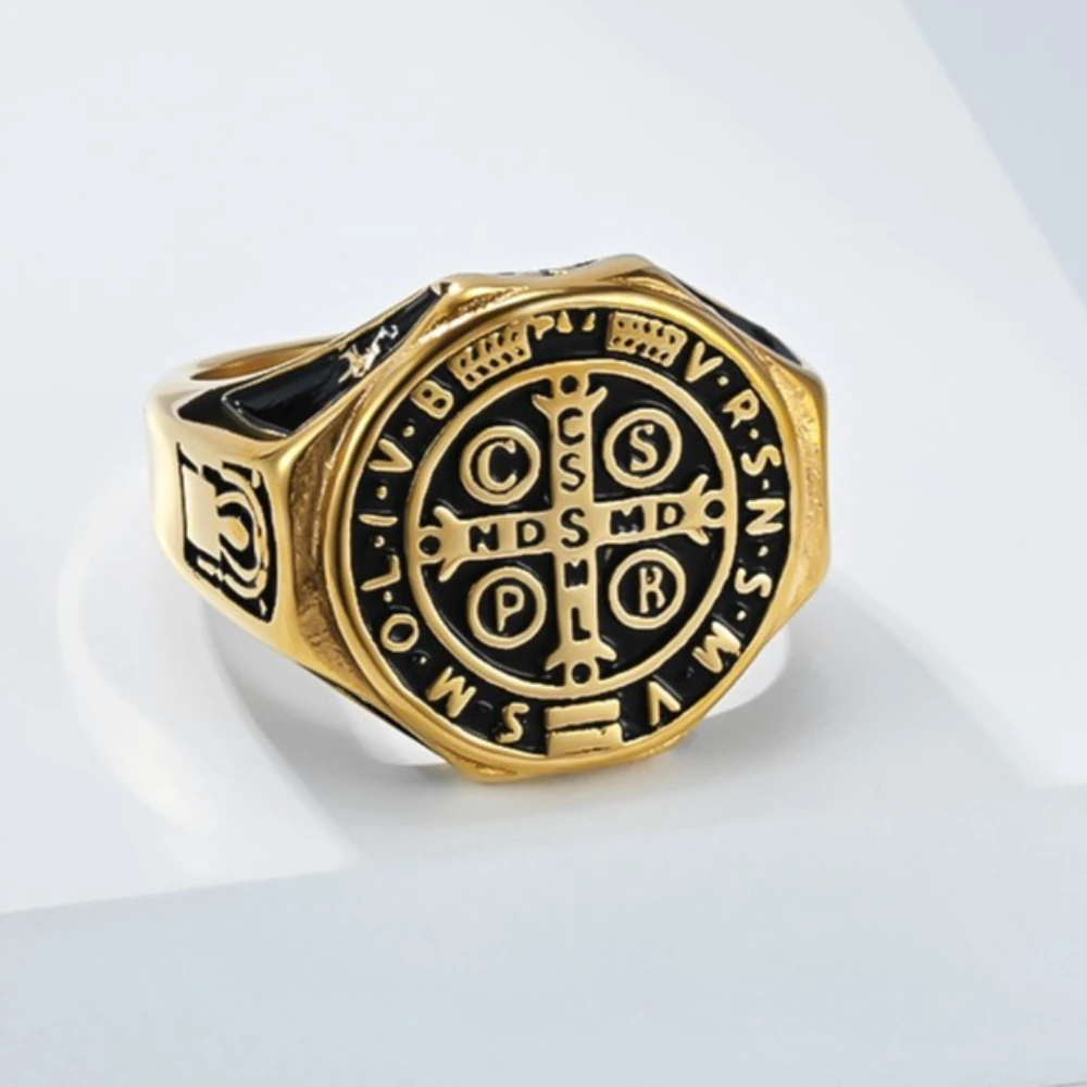 سانت بنديكت طرد الأرواح الشريرة الصليب خواتم الفولاذ المقاوم للصدأ شخصية الفن تنوعا خاتم موضة مجوهرات رائعة