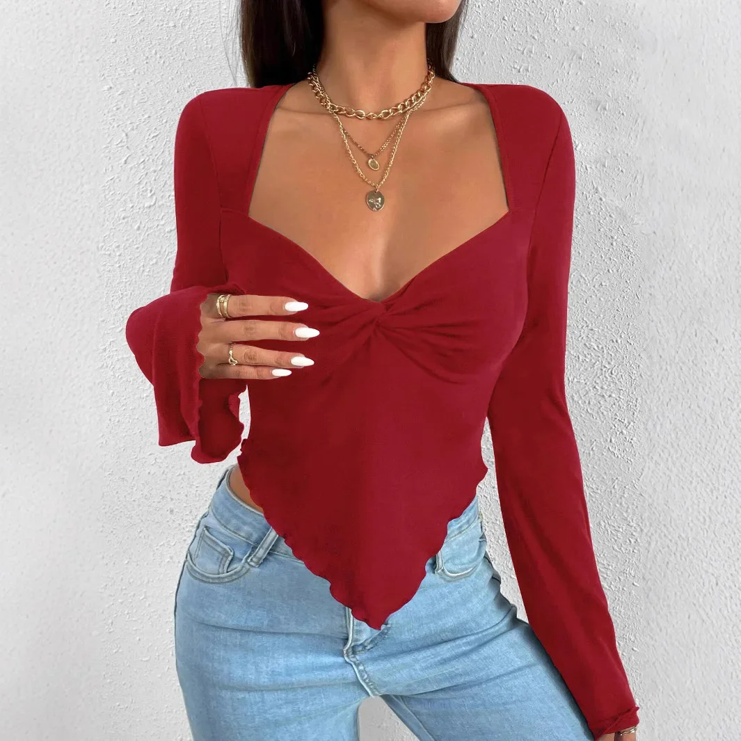 

Long Sleeve Knitted T-Shirt Women's V-neck Bell Sleeve Waist-cinched Asymmetric Lengthened Casual Summer Holiday Top