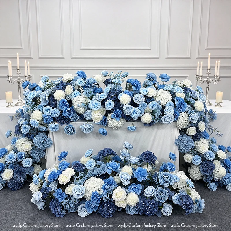 5D Blau-Weiße Künstliche Blumenreihe Rosen-Hortensien-Treppenblumen Sofa-Läufer Hochzeitsdekoration Gang Bühnenhintergrund-Arrangement – Detail 2