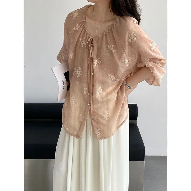 Tie Drawstring Shirt Loose Fit Japanese Korean Casual with Floral Pattern Embroidery V Neck Long Sleeve Summer Blouse for Women