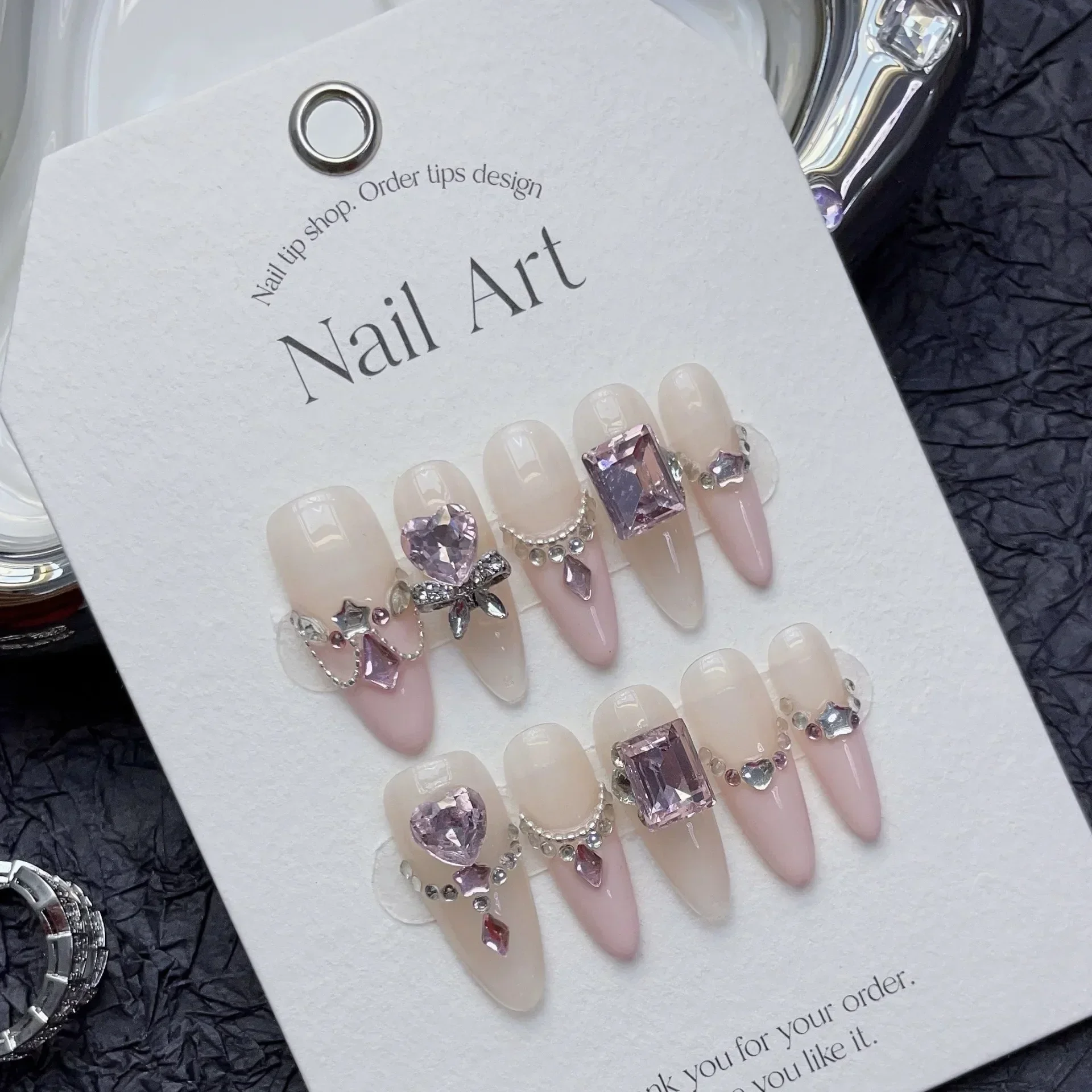 10PCS wearable french pink nails with bubble diamonds full cover handmade false nails with glue ballet long coffin press on nail