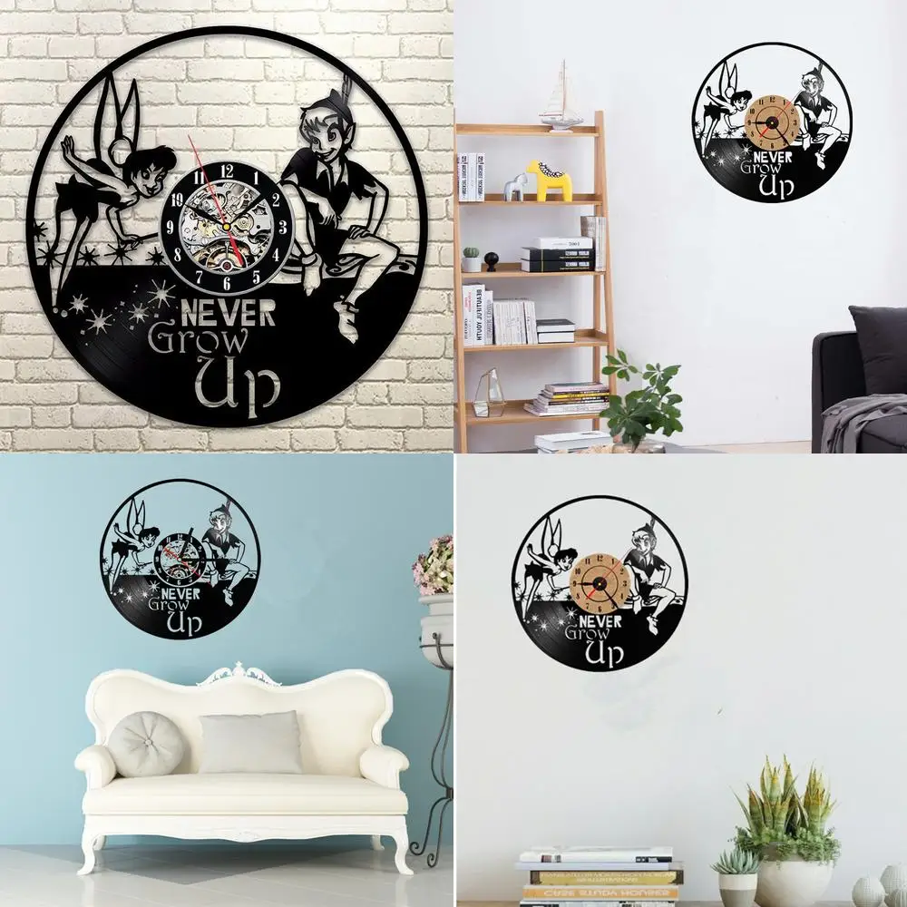 Peter Pan Wendy Tinker Bell Neverland Reloj de pared con disco de vinilo Decoración de habitación de niños de estilo retro