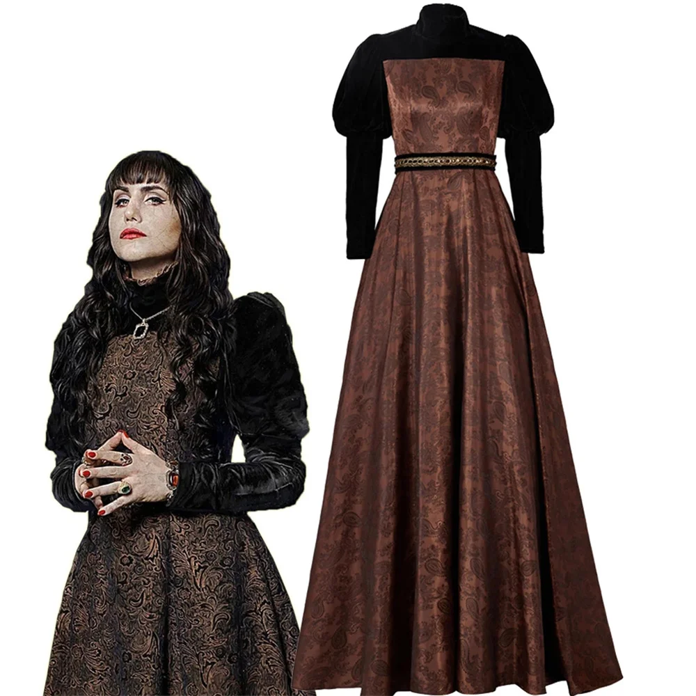 

TV What We Do in the Shadows Cosplay Costumes Women Gothic Retro Velvet Satin Long Sleeve Dress Halloween Nadja Roleplay