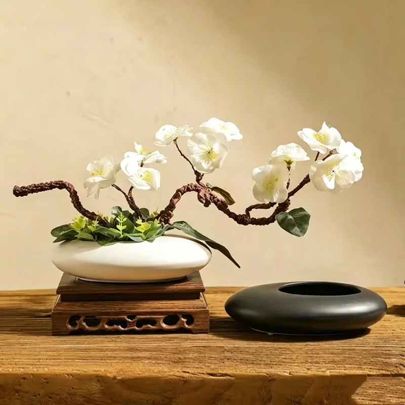 Chinese Style Ceramics Vase Flower Pot Black White Cobblestone Deformation Flower Arrangement Accessories Modern Home Decoration