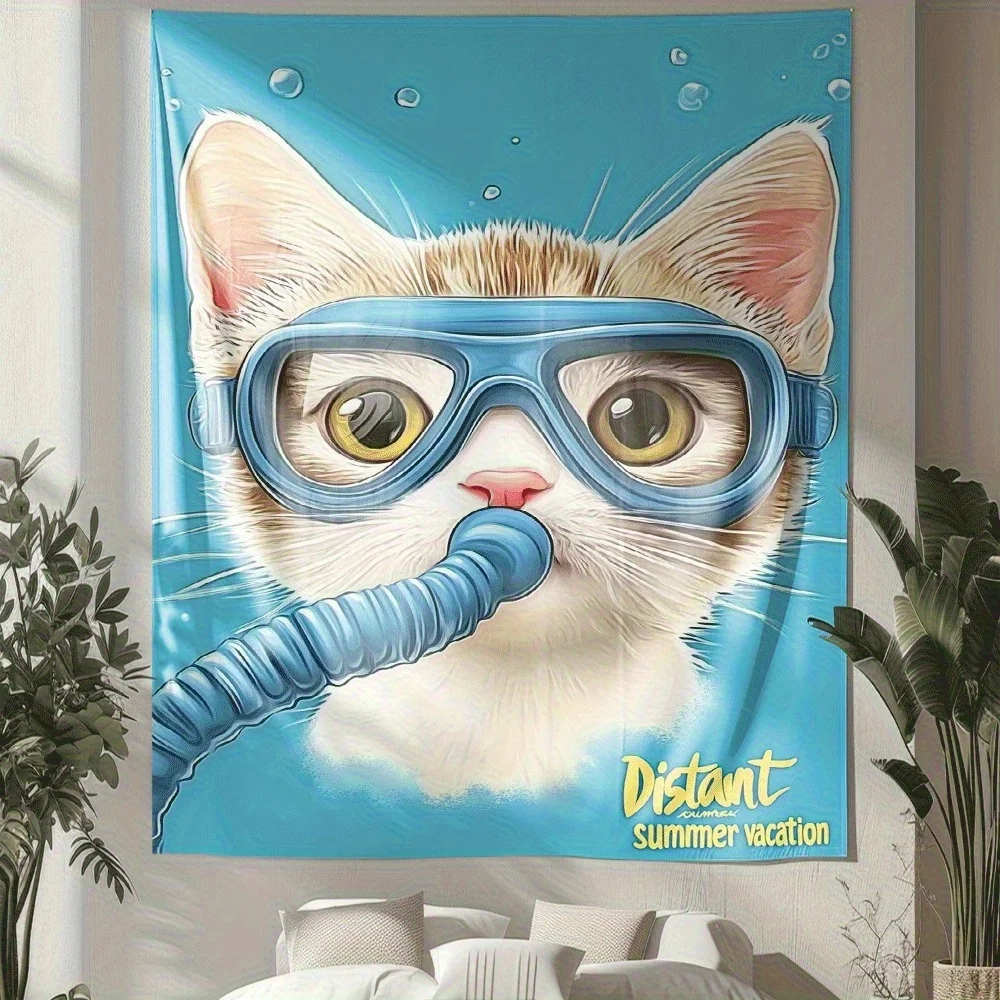 Blue underwater mask cat Digital printing polyester wall tapestry suitable for use in living rooms bedrooms offices bars party
