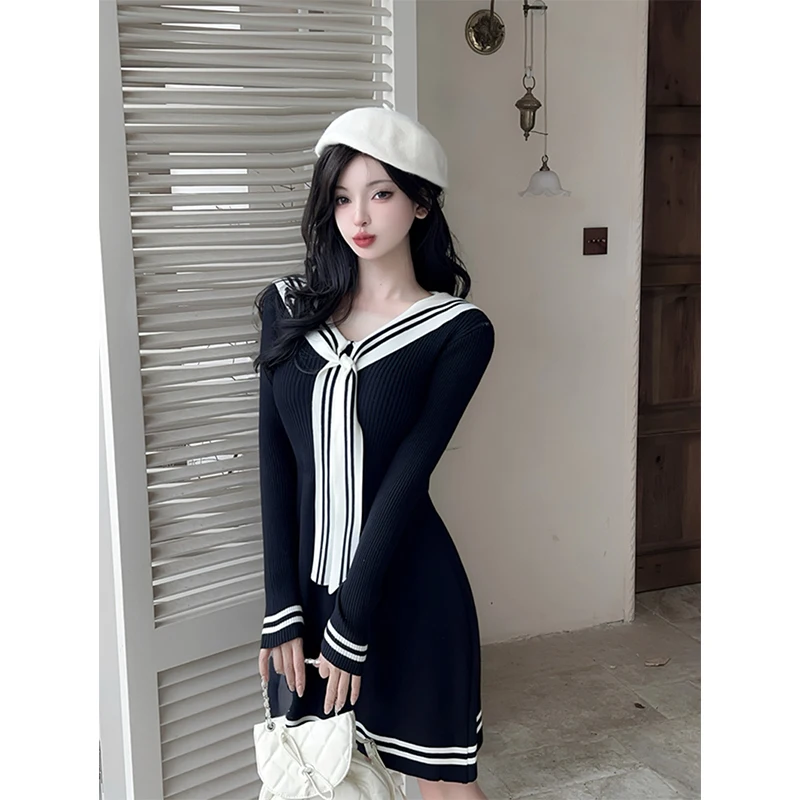 かわいい黒ニットミニドレス女性日本ロリータセーラー襟ドレス冬 Y2K ストライプ長袖ボディコン Vestidos 新しい