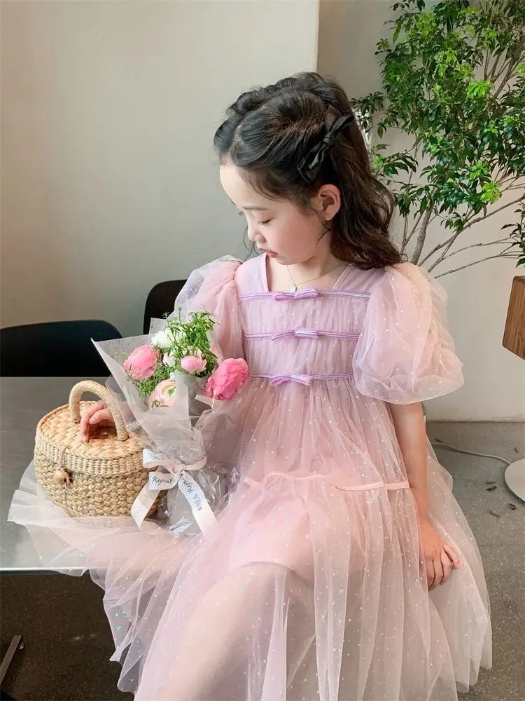 

Girls' Dress Summer New Style Children's Western Style Bubble Sleeve Sequined Mesh Dress Girls' Fluffy Princess Dress