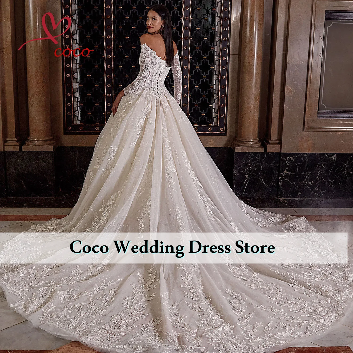 تخصيص قبالة الكتف كم طويل الرقبة الحبيب الخرز الكامل يزين لامعة الكرة ثوب فساتين الزفاف Vestido De Noiva #2