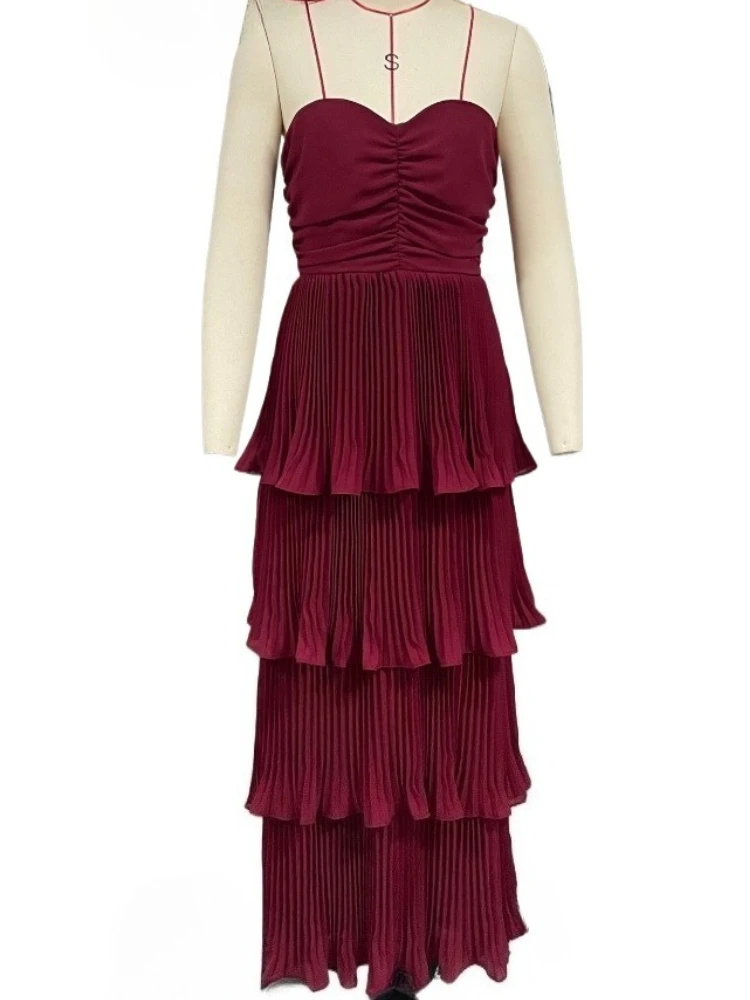 

Solid Color Sleeveless Pleated Ruffles Strapless Long Dress Red