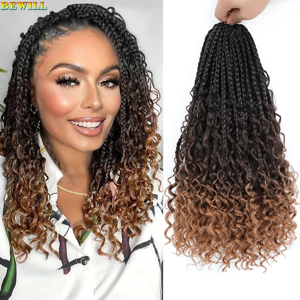 1-6 Packs 14 Inch Boho Goddess Box Braids Crochet Hair with Curly Ends Ombre Brown Auburn Bug 16 Colors Soft Net Synthetic Hair