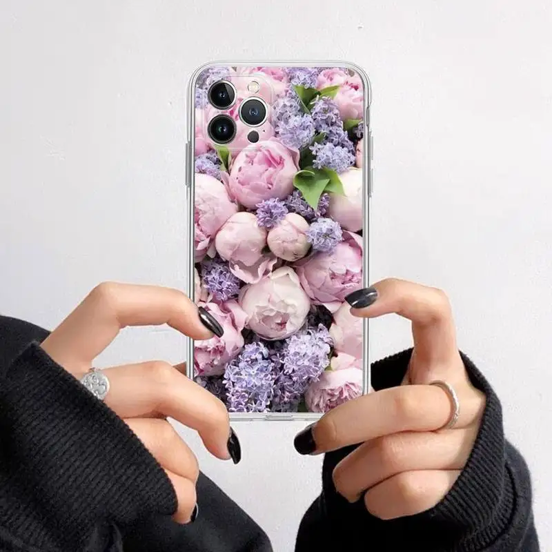 Elegant Pink Purple Peony Flower On the Vase Phone Case For iPhone 14 13 12 11 XS X XR SE 2020 6 7 8 Plus Mini Transparent Shell