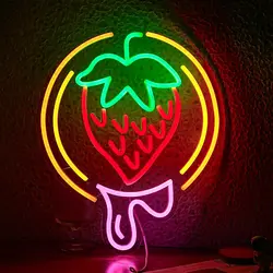 Strawberry Neon Sign Dimmable LED Neon Light for Fruit Shop Smoothie Bar Dessert Shop Bedroom Kitchen Party Birthday Wall Decor