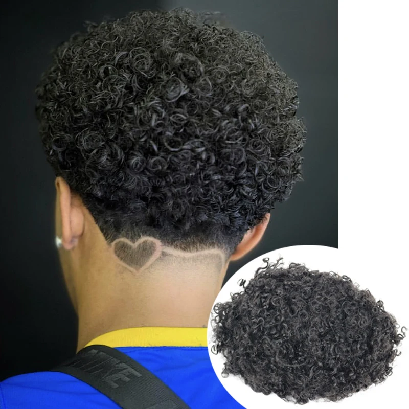 Cabelo Curly Full Lace Hairpiece para homens, cor preta, perucas de cabelo humano, substituição do sistema, prótese respirável, nós duplos, 15mm, #1