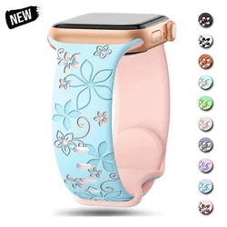 Silicone Strap for Apple Watch Engraved Band Series 7 8 9 41mm 45mm 38 49 42mm Women Bracelet for iWatch 6 5 4 Se 44 40mm Ultra