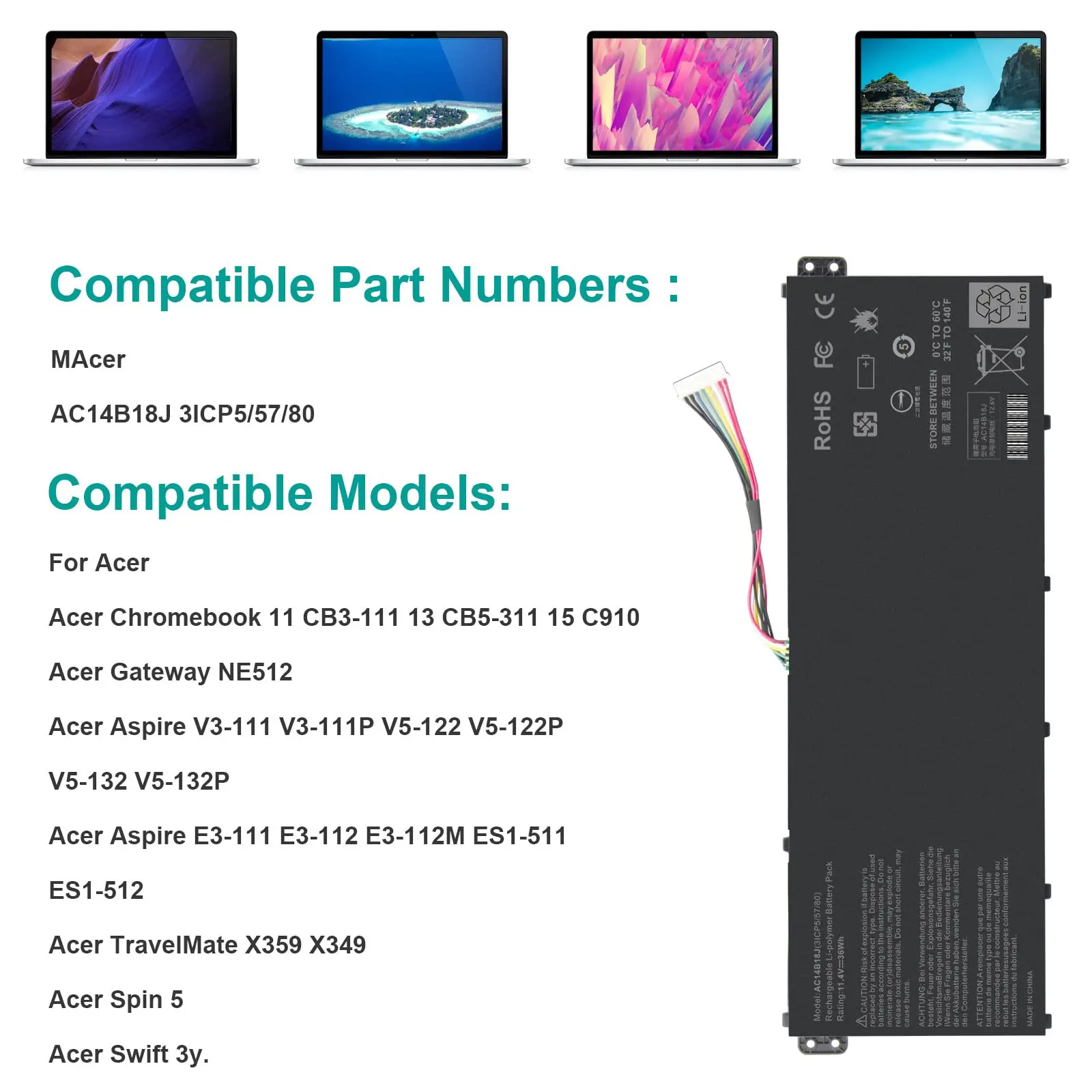 Imagem -03 - Bateria para Acer Aspire es 15 Es1571 Es1331 Chromebook 11 Cb3111 13 Cb5-311 15 Cb3-531 Ac14b13j Ac14b18j Ac14b18j