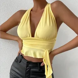 Women's Sexy Tight Fitting Deep V-neck Pleated Top Tight Fitting 2024 Spring Beach Resort Nightclub New Model Women's Sexy Tigh