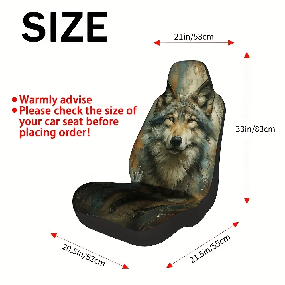 Set Of 2, Featuring A Wolf Portrait Oil Painting, These Front Car Seat Covers Serve As Decorative Additions For The Driver'S Sea