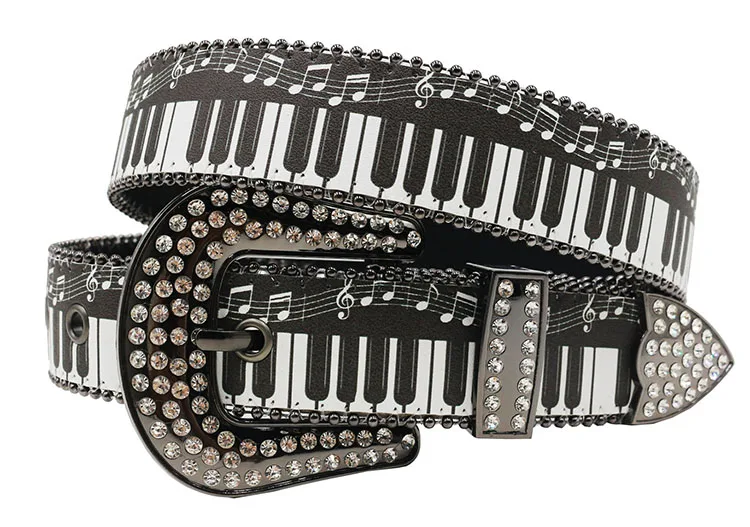 Western Full Diamond Buckle Piano Keyboard PU Leather Unisex Belt Music Theme Printed Belt