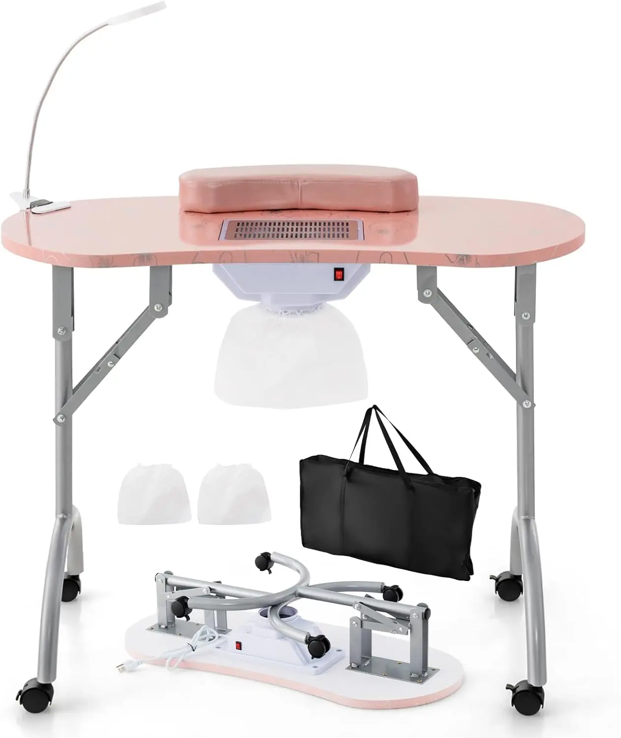 S AFSTAR 35-inch Nail Desk for Nail Tech, Foldable Manicure Table with Electric Dust Collector, Bendable LED Table Lamp, Carry