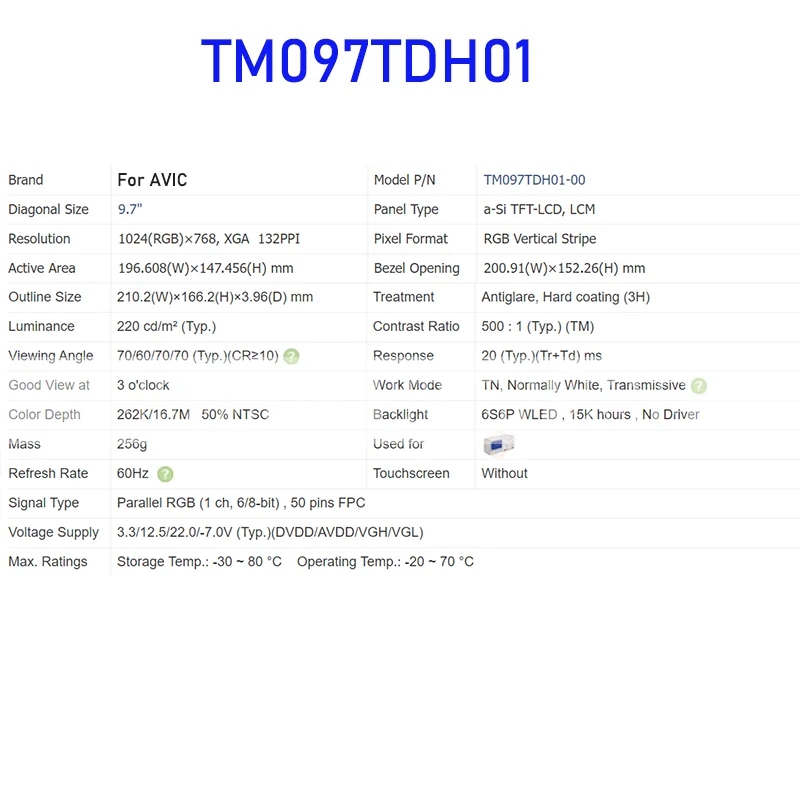 لوحة شاشة عرض LCD أصلية لـ AVIC ، ماركة جديدة وسريعة الشحن ، تم اختبارها بنسبة 100% ، TM097TDH01 ، 9.7 بوصة