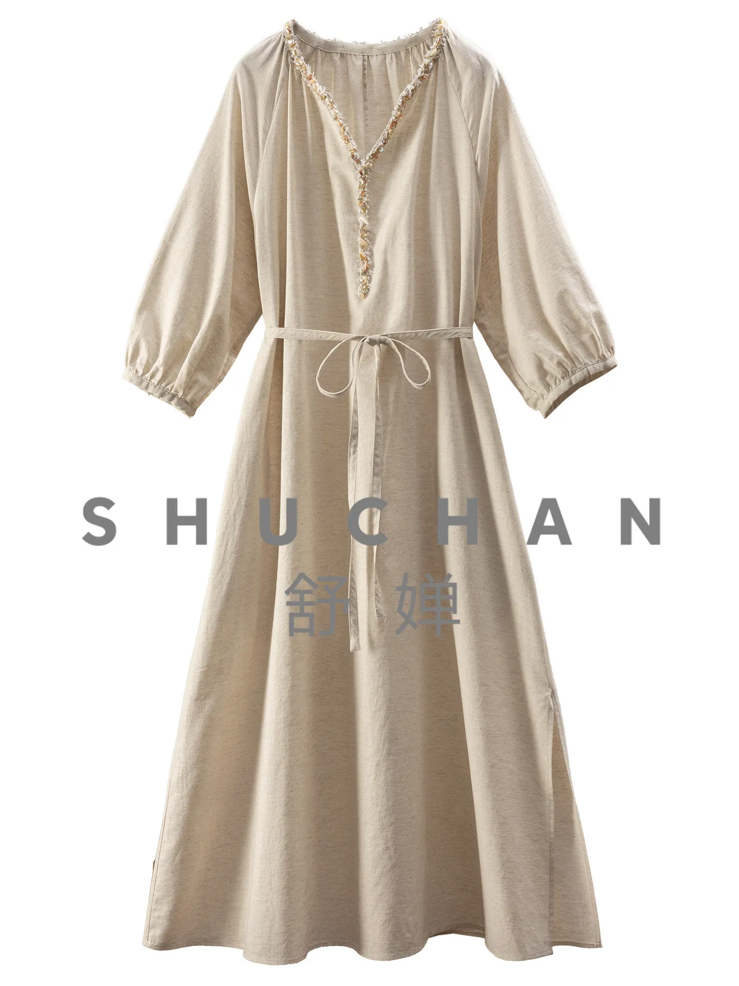 

Method Luxury High Quality Dresses Simple and Pure Beauty, Handmade Beaded V-neck Waist Linen Dress Women 40G2