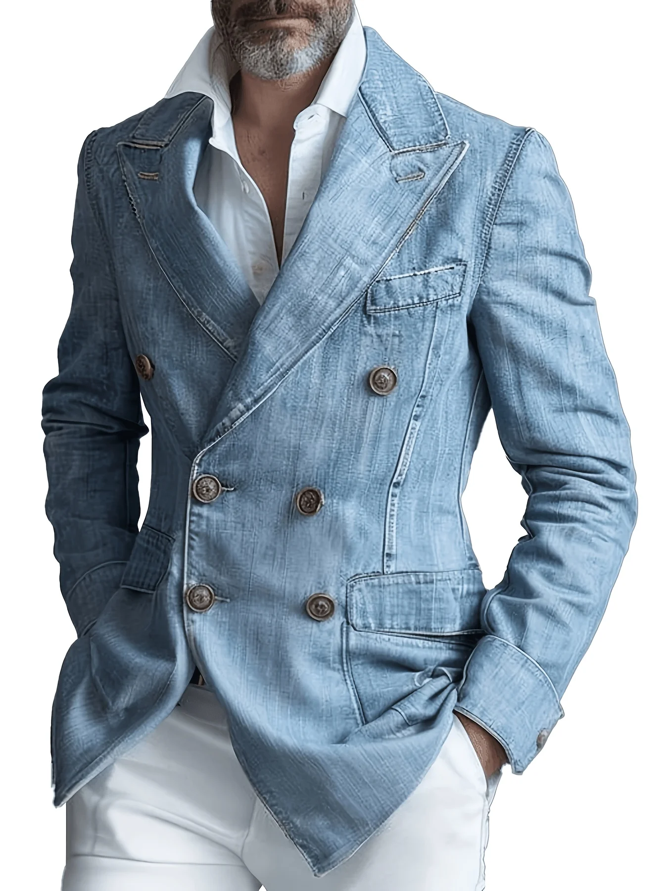 Men's Blue Distressed Denim Double Breasted Blazer Slim High Quality Casual Fashion Street Business Party Fashion Suit Jacket 5