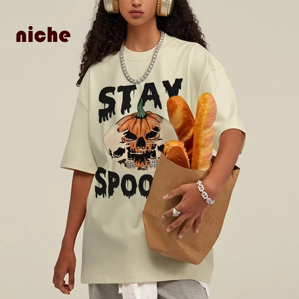 

Neutral Style Retro Outfit T-Shirt Pure Cotton High Quality Pumpkin Letter Graphic Printing Fashion Trend Loose Short Sleeves