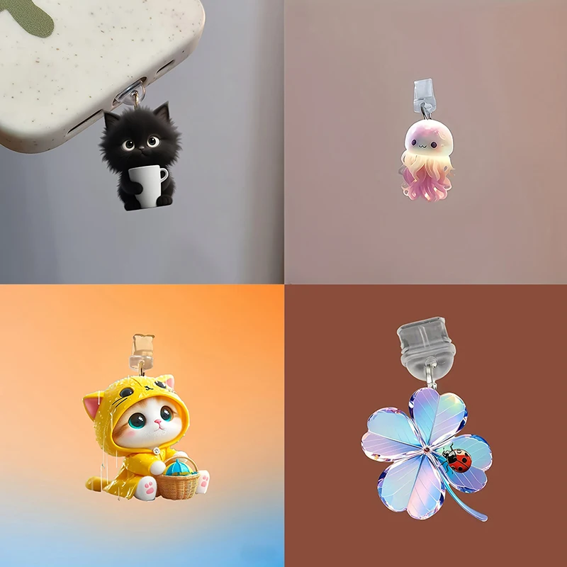 

Stylish Phone Anti-Dust Plug featuring Cat, Dog, Shamrock Pendants for IPhone Type-C.