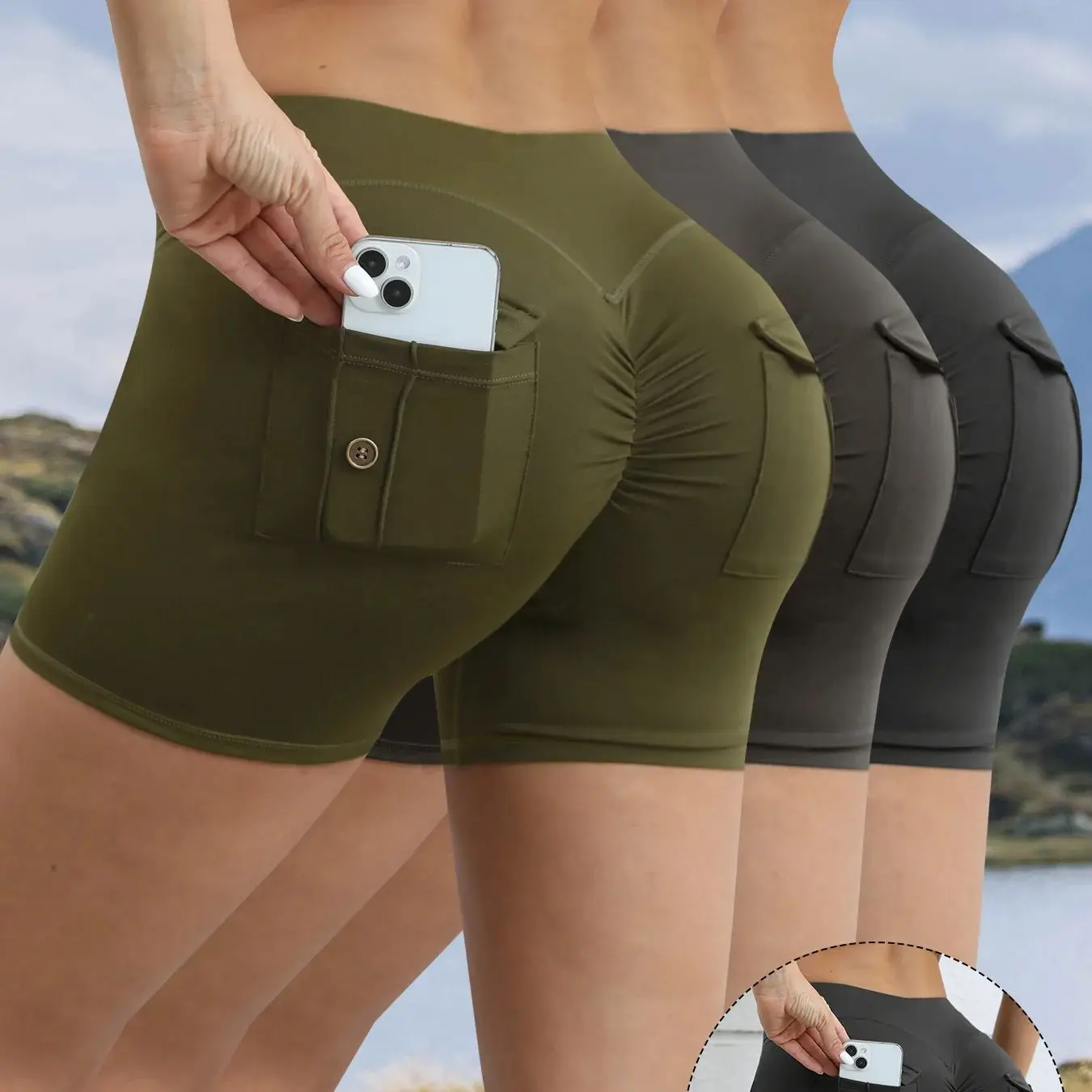 Women Pleated Buttocks With Buttons Pocket Fitness Sports Bike Gym Shorts Workout Yoga Stretchy Workout Cycling Shorts Leggings