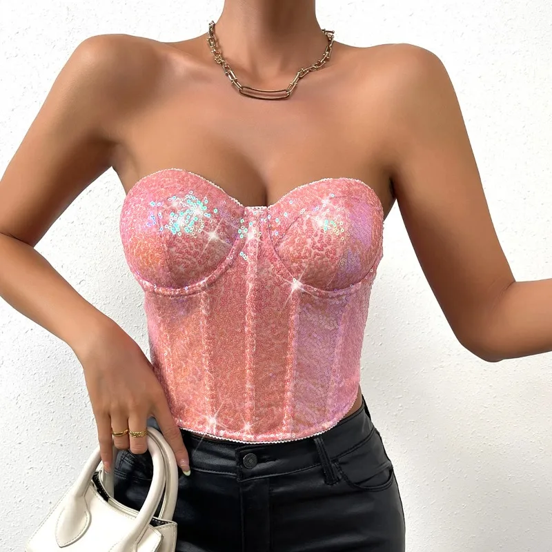 CHUANGERM Sexy Corset Sequin Overbust Vest  Sleeveless V-neck Backless Bandage Lingerie Sexy Woman Push Up Bodyshaper Top