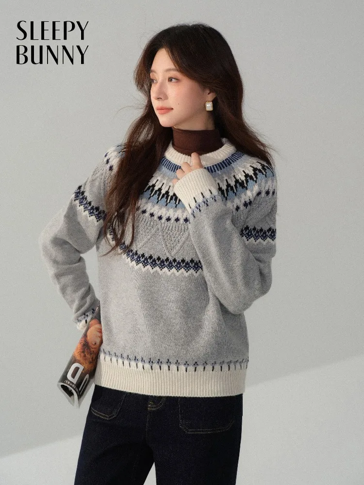 

Винтажный контрастный вязаный свитер для женщин, свободный пуловер, трикотаж, зимний теплый повседневный многослойный топ с круглым вырезом, уютный джемпер