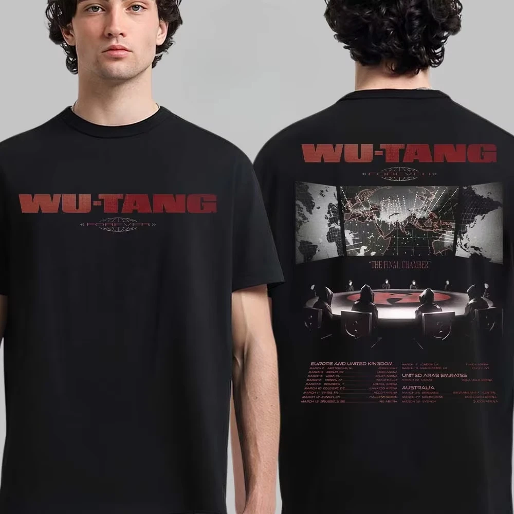 Wu-Tang Clan Vintage Wheel Logo Print Tee 90s Hip Hop Streetwear Casual Unisex with Tour Dates & Lineup