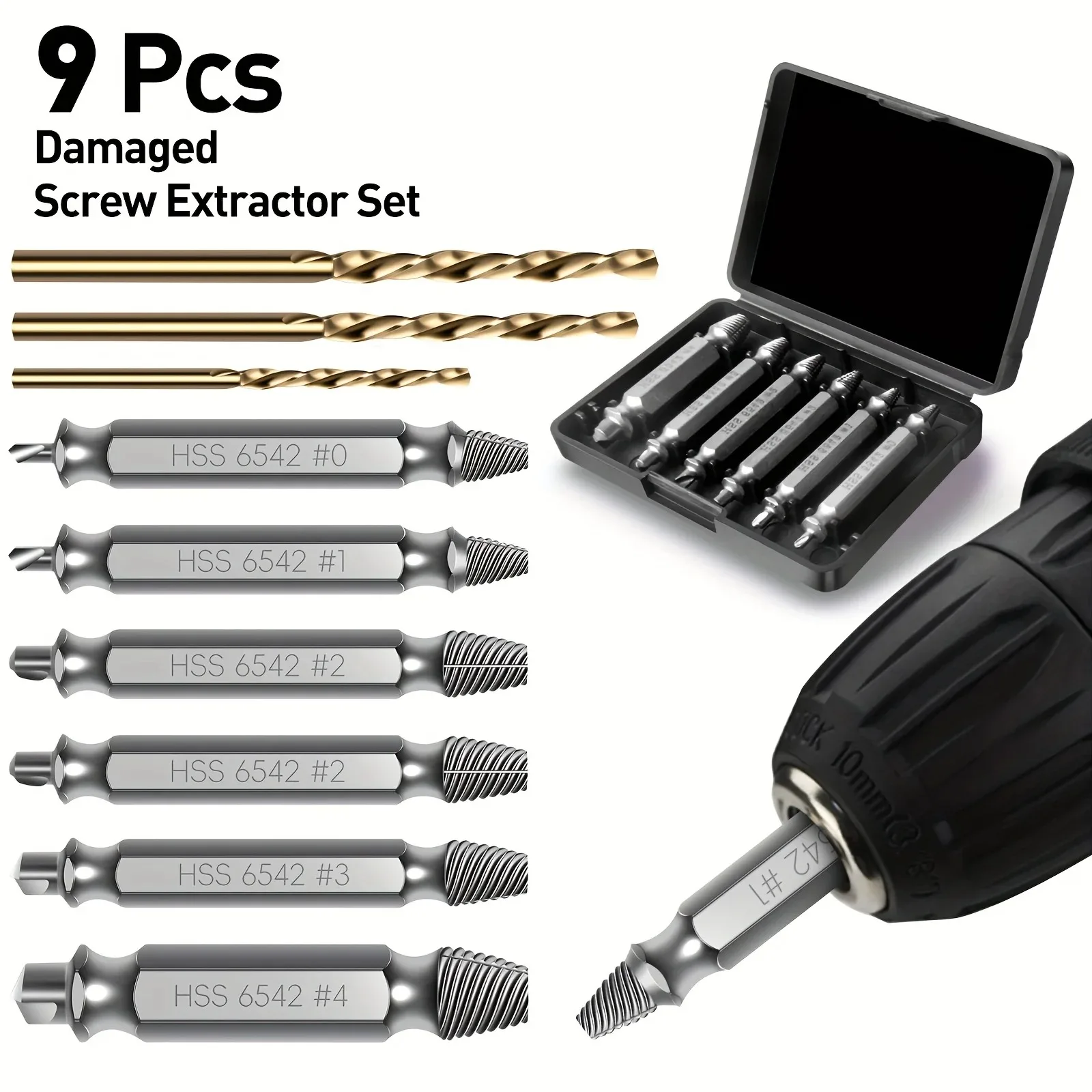 9 PCS Damaged Screw Extractor Set – HSS 6542, 65HRC, 3 Twist Drill Bits, Double-Ended Tool for Stripped & Broken Screws Removal