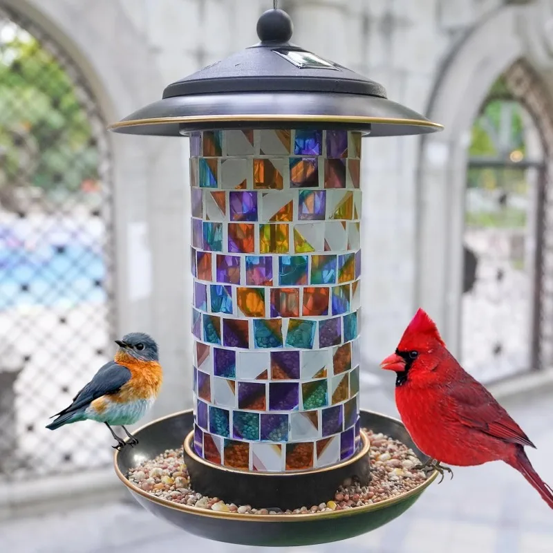

Solar Bird Feeder for Outdoor Hanging - Small Bird Seedes Feeder with Mosaic Stained Glass for Cardinals and Finches
