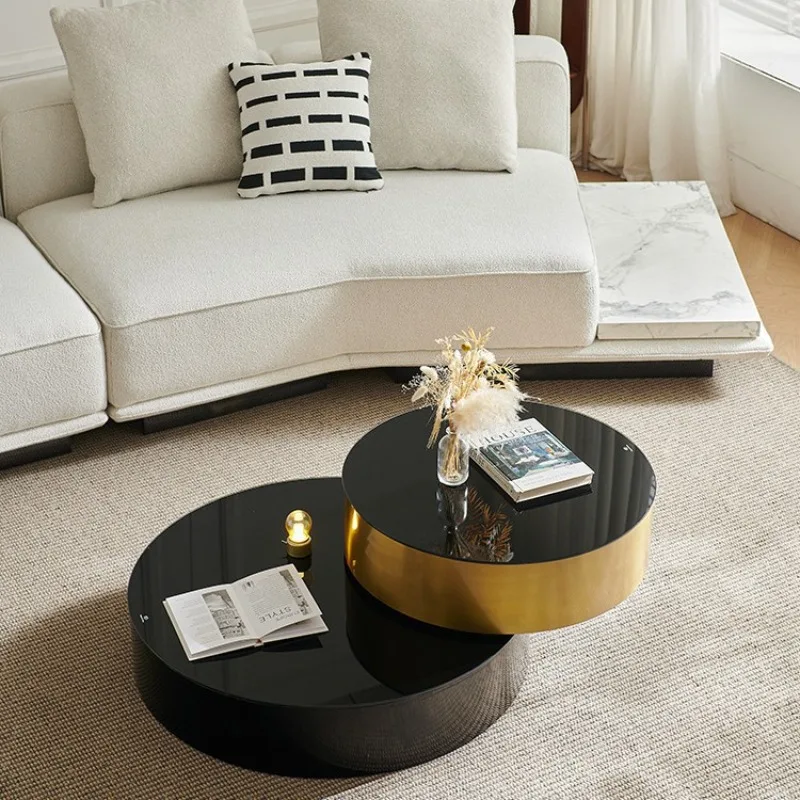 مجموعة طاولة قهوة مستديرة بحجم زجاجي من الفولاذ المقاوم للصدأ تلسكوبي دوار ومبتكر وبسيط باللون الأسود الفاخر #1