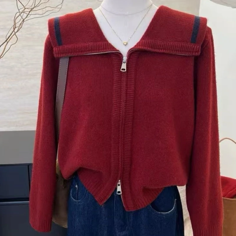 Automne hiver pull court femmes 2025 nouvelle mode ample tricots de couleur Pure fermeture éclair grande taille vêtements d'extérieur femme