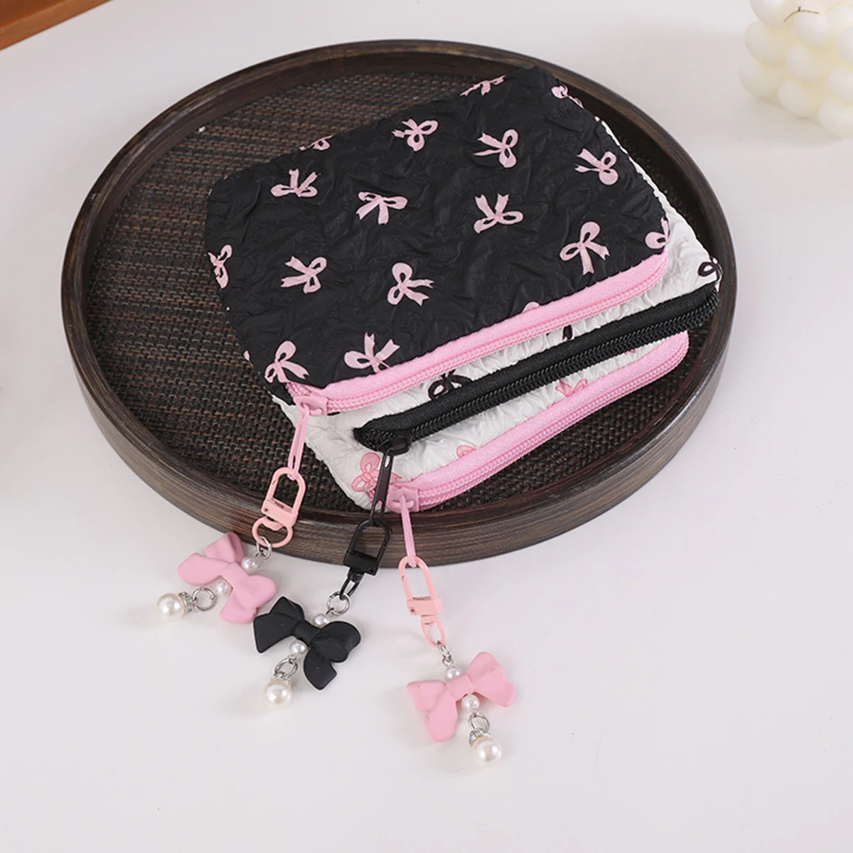 Pleated Bow Cosmetic Bag | Cotton Makeup Bag for Women Quilted Travel Girls' Make Up Organizer Portable Little Bow Makeup Pouch - view 5
