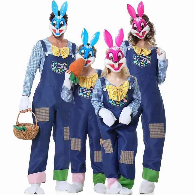 Adult Kids Parent-Child Costume Easter Bunny Egg Masquerade Jumpsuit Mask Set Halloween Role Play Dress Up Cosplay Bunny Costume