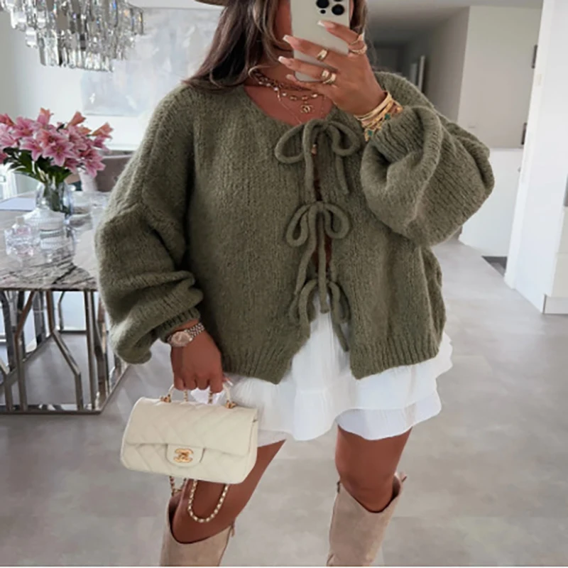 

Fashion Knitted Crew Collar Long Sleeve Cardigan Autumn Winter Chic Warm Commuter Jumpers Casual Loose Solid Lace Up Sweater Top